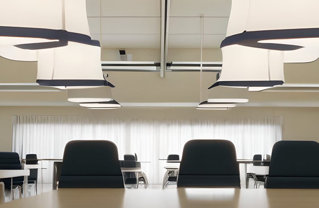 Esto es una sala de reuniones con iluminación natural y artificial